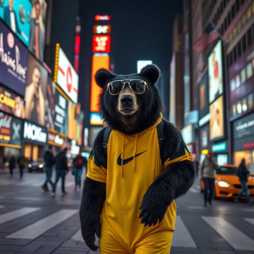 a black bear with a yellow nike jogging dress and and sunglasses, takes a walk at time square in new york city