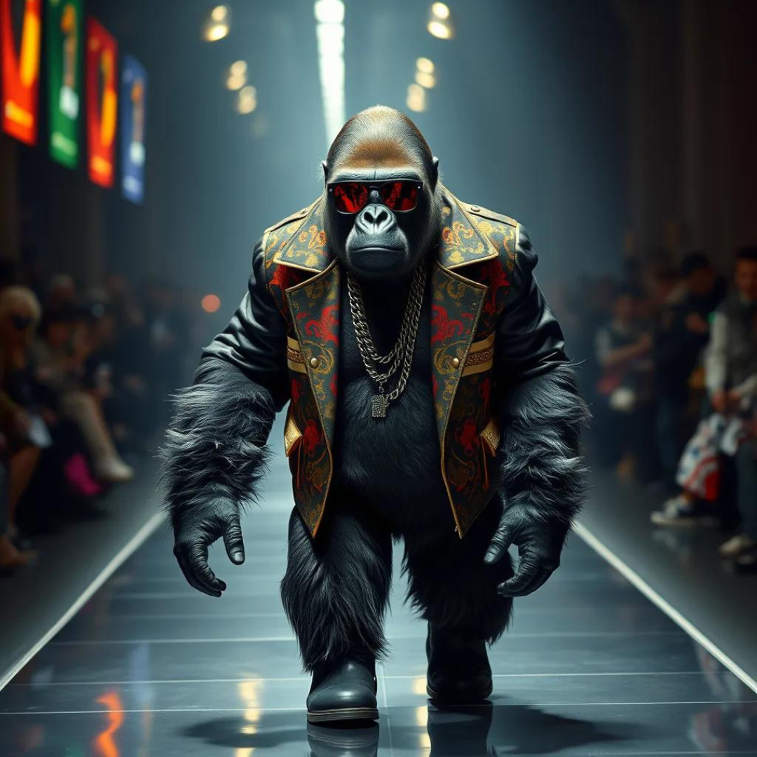 gorilla with a prada jacket and sunglasses on the catwalk