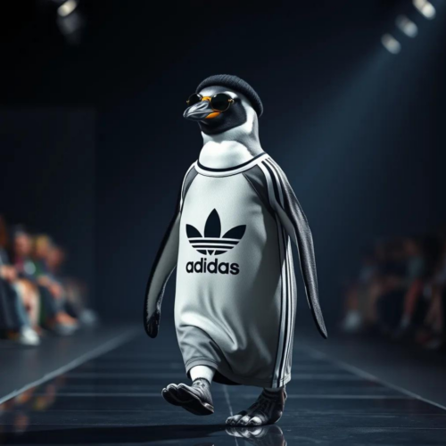 a penguin with a beanie and an adidas short walking on the catwalk