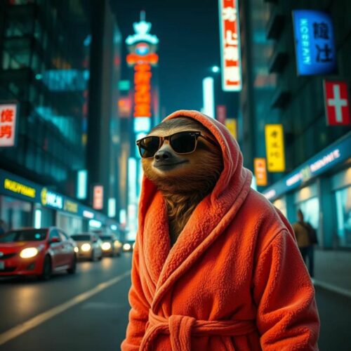 a sloth in bathrobe takes a walk in the city