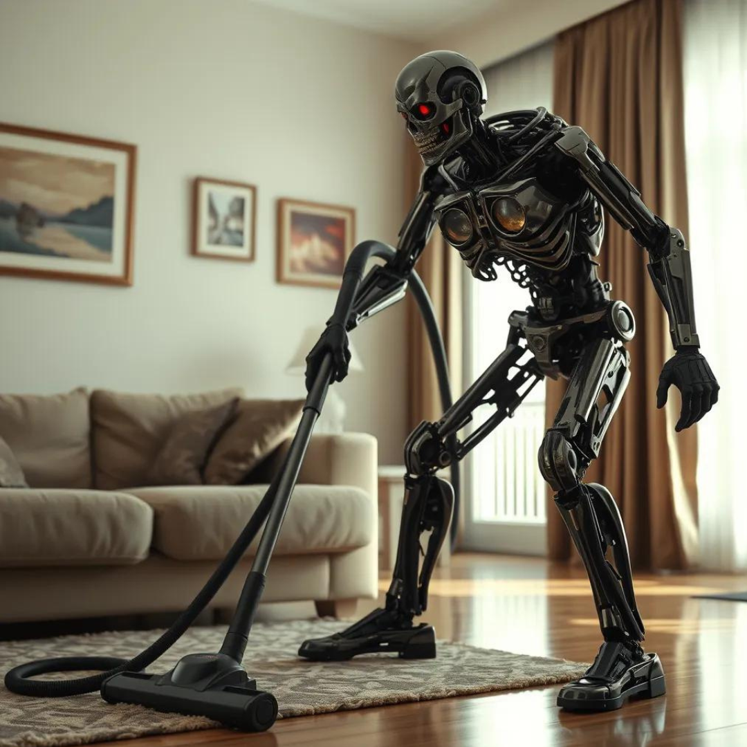 t-800 terminator is cleaning the living room with a vacuum cleaner